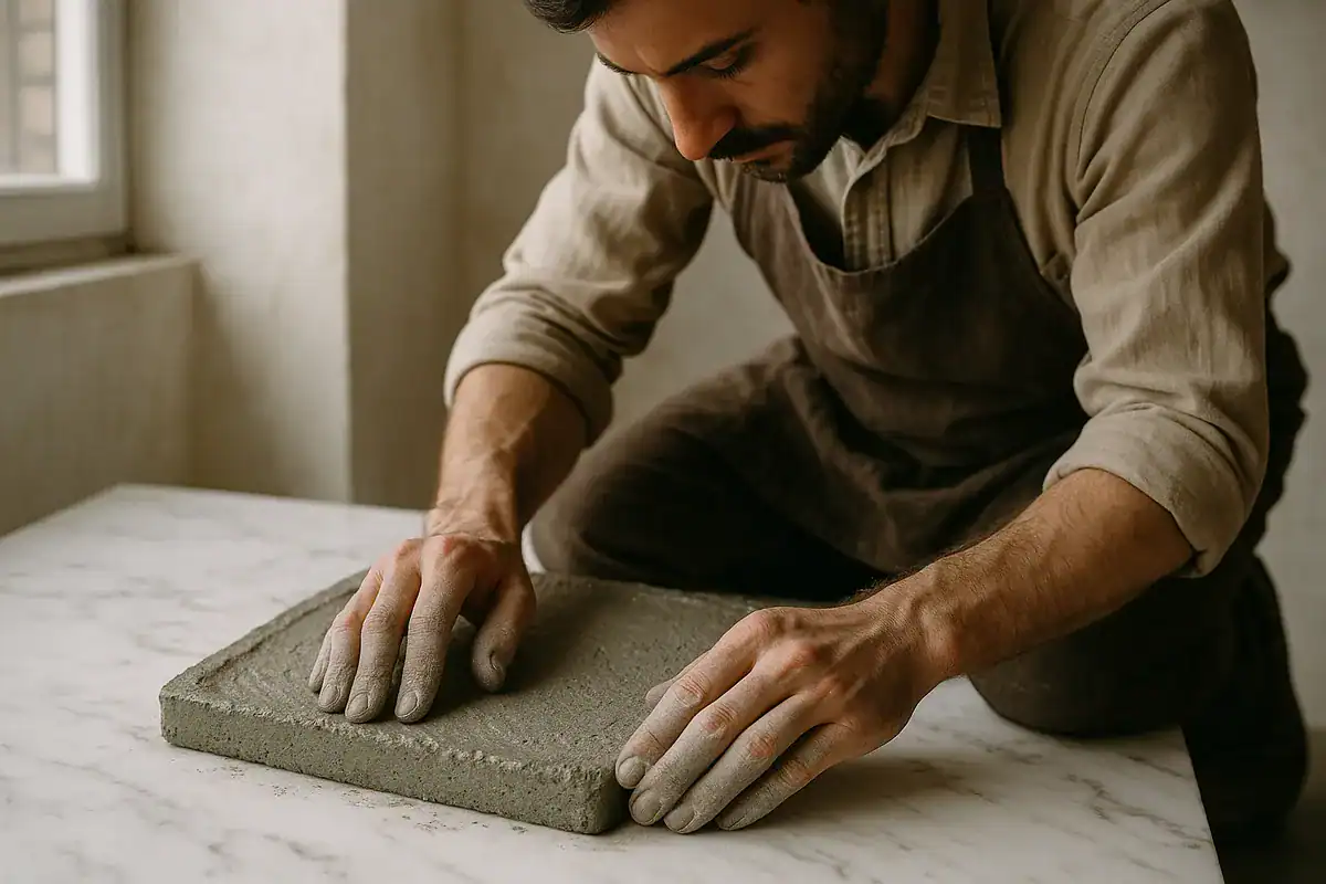 An artisan kneels beside a fresh concrete slab, smoothing the edges with focus, highlighting craftsmanship.