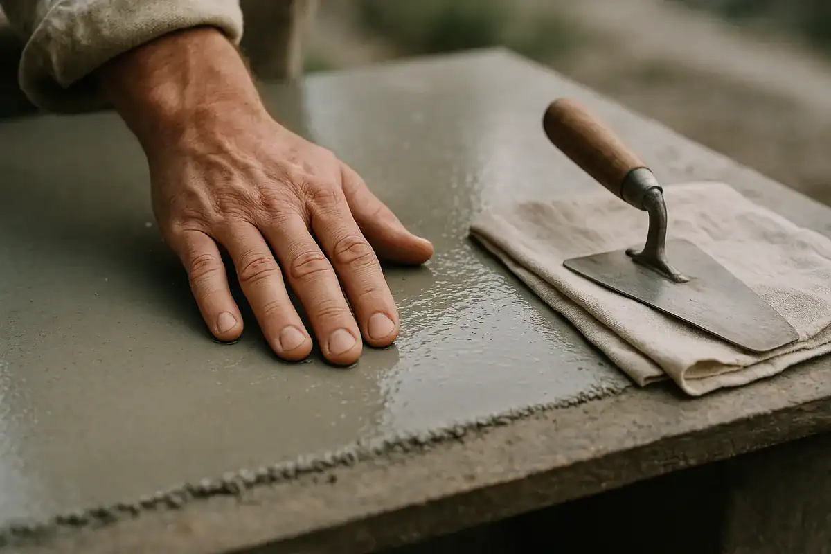 A craftsman brushes a smooth slab of concrete, showcasing local expertise and craftsmanship.