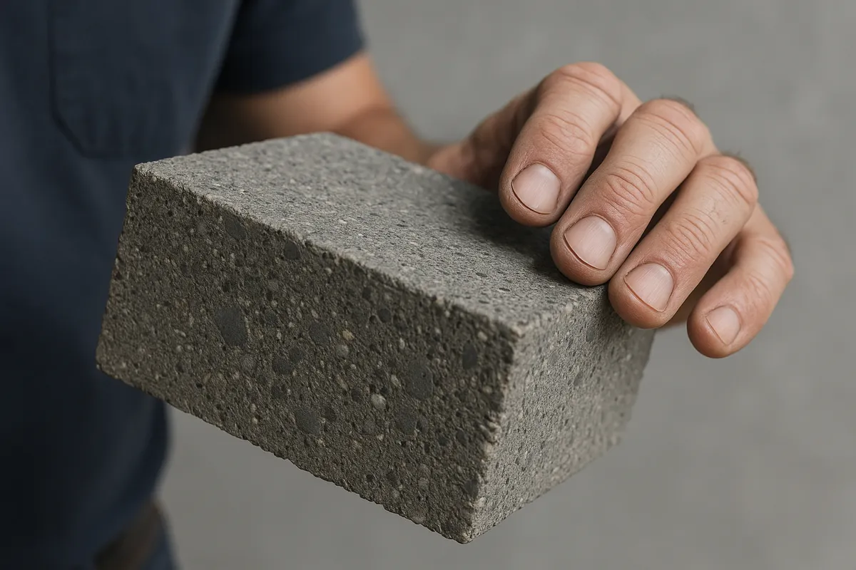 A contractor examines a textured concrete sample, highlighting the quality of materials for construction projects.